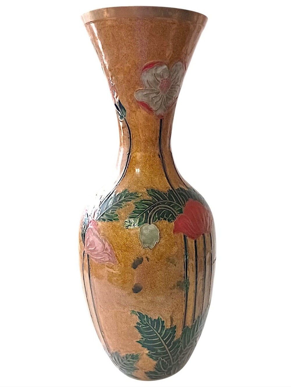 Vintage Enameled Brass Vase LARGE Cloisonne Champleve Ornate Etched Floral READ - Picture 11 of 16